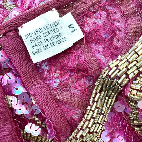 VTG Sequin Beaded Cropped Top Pink Gold Roses Scallop Hem Fairycore Glam  14 - Picture 7 of 8